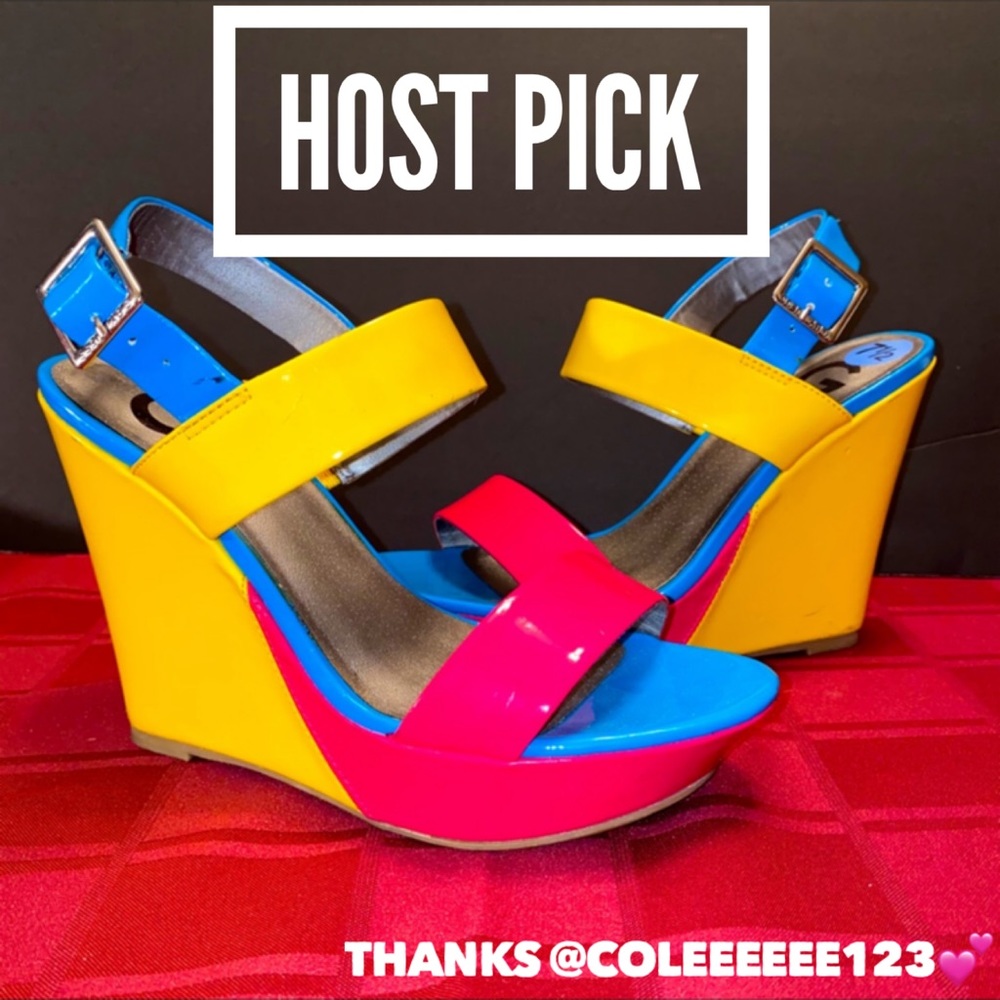 🔥G by Guess Multicolor Pink, Yellow & Blue Wedge Like New 7.5 CUTE! 🌺3xHost Pick - Picture 9 of 11